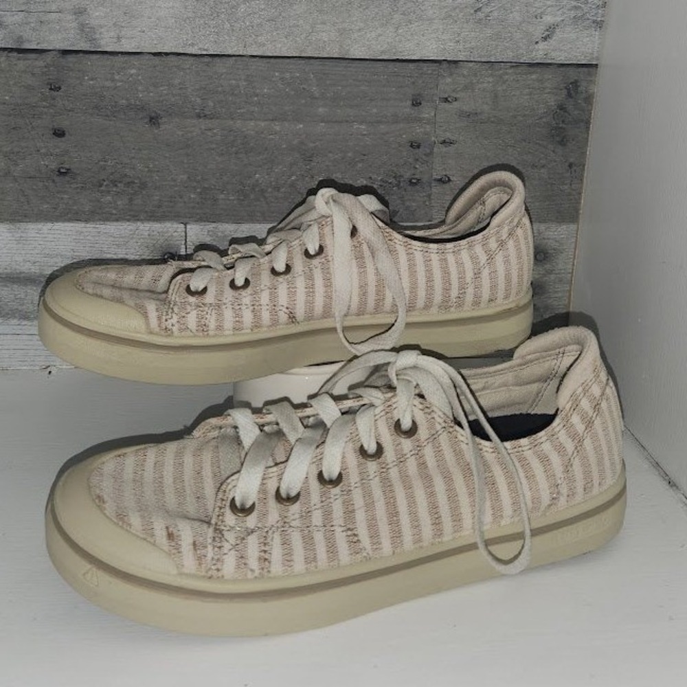 Keen Elsa II Canvas Striped Sneakers Tan White Womens 7.5 Low Top 1023159